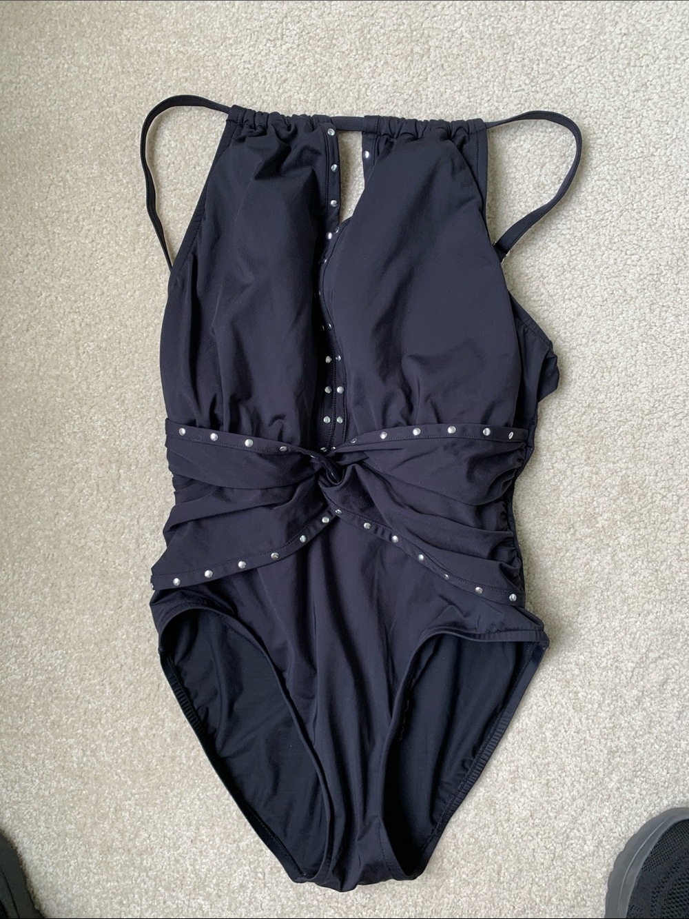 Magicsuit Black Ladies One-Piece Swimsuit with Knot Front and Studs